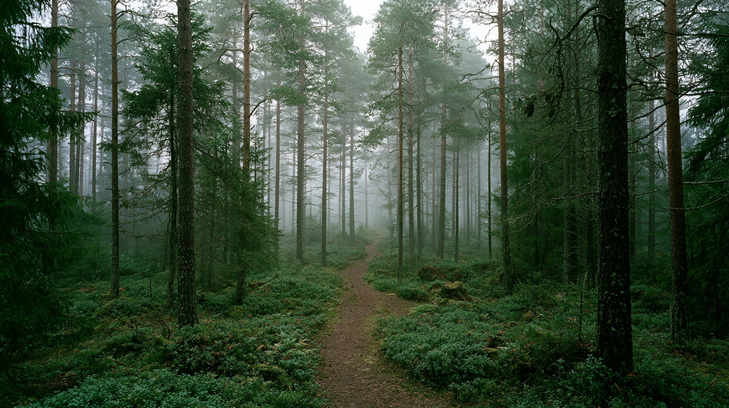 A narrow dirt path winding through tall pines