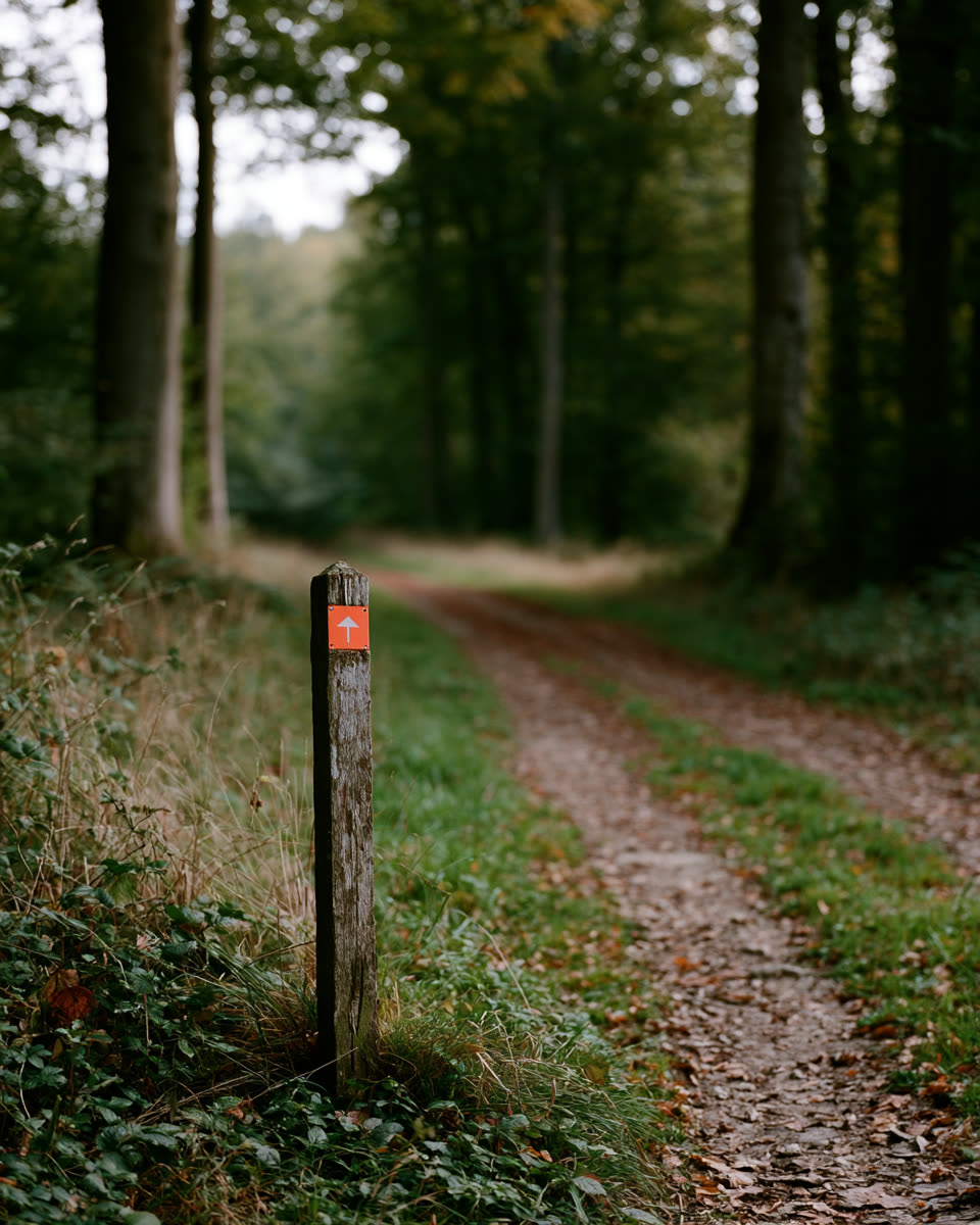 A simple wooden trail marker on a weathered post